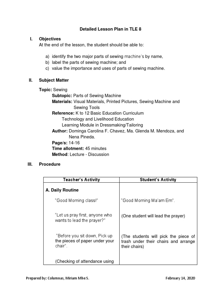 Detailed Lesson PlanParts of Sewing Machine PDF Sewing Machine