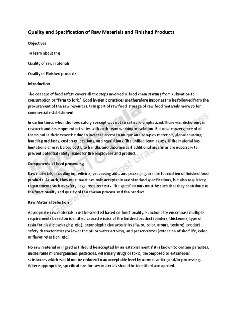 2 Quality and Specification of Raw Materials and Finished Products PDF Foods Drinking Water