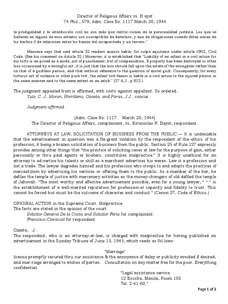 Director Of Religious Affairs Vs B Ayot 74 Phil 579 Adm Case No 1117 March 1944 Lawyer Tort