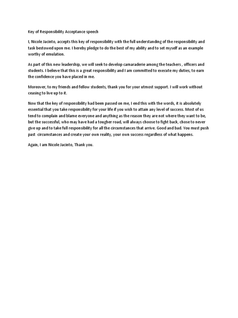 Key of Responsibility Acceptance Speech PDF