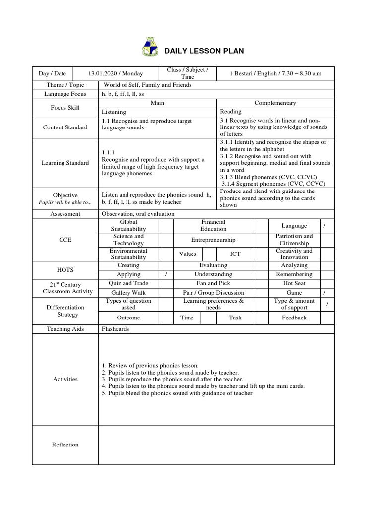 Y1 Phonics Lesson 7 Phonics Lesson Plan