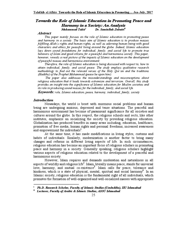 Towards The Role of Islamic Education in Promoting Peace and Harmony in ...