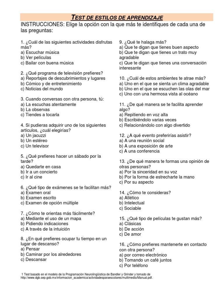 Test de Estilos de Aprendizaje PNL | PDF | Programación ...