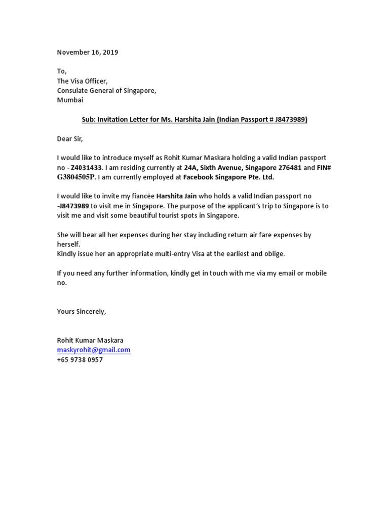 Singapore Invitation Letter Harshita | PDF
