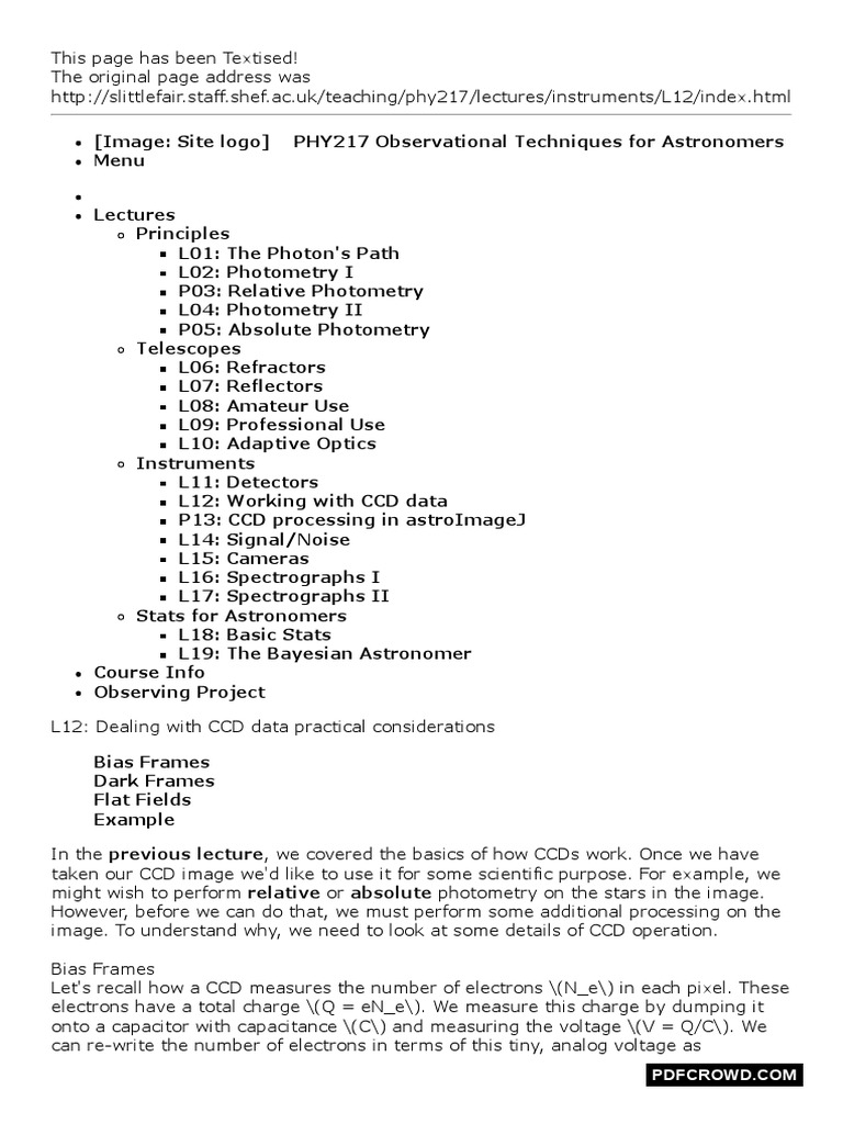 CCD Data Processing Techniques | PDF | Charge Coupled Device | Analog ...