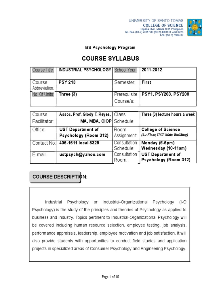 Psy213 Syllabus 2011 PDF Industrial And Organizational Psychology