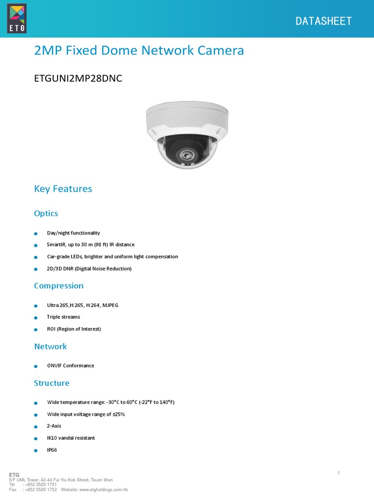 ETG 2MP Fixed Dome Network Camera Datasheet PDF Camera