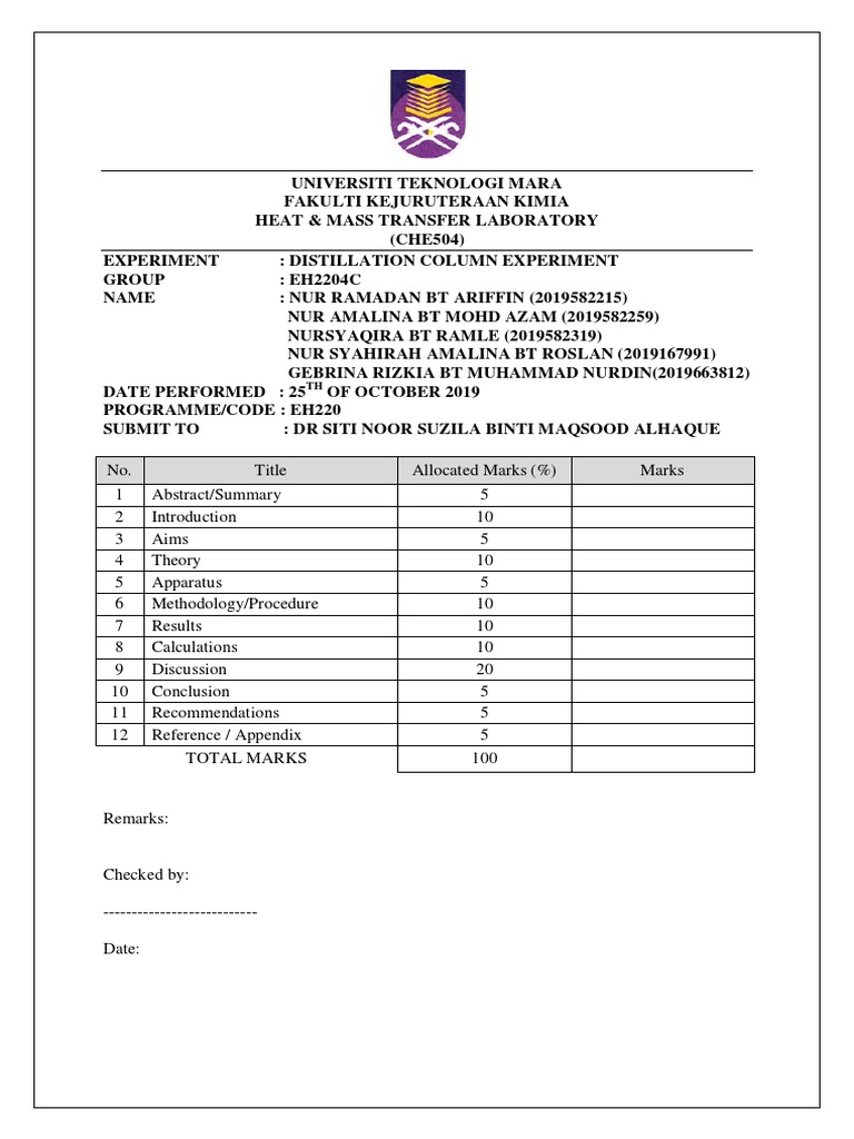 Lab Report Distillation Column PDF PDF Distillation Phase (Matter)