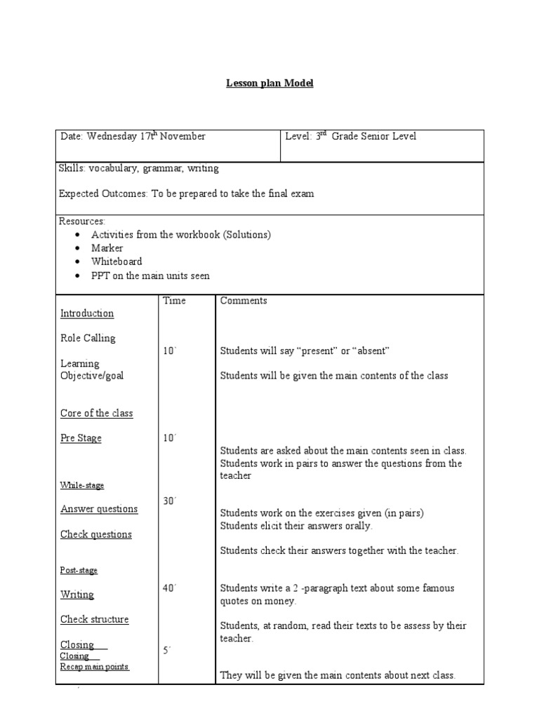3rd Grade Lesson Plan for Final Exam | PDF | Language Arts & Discipline