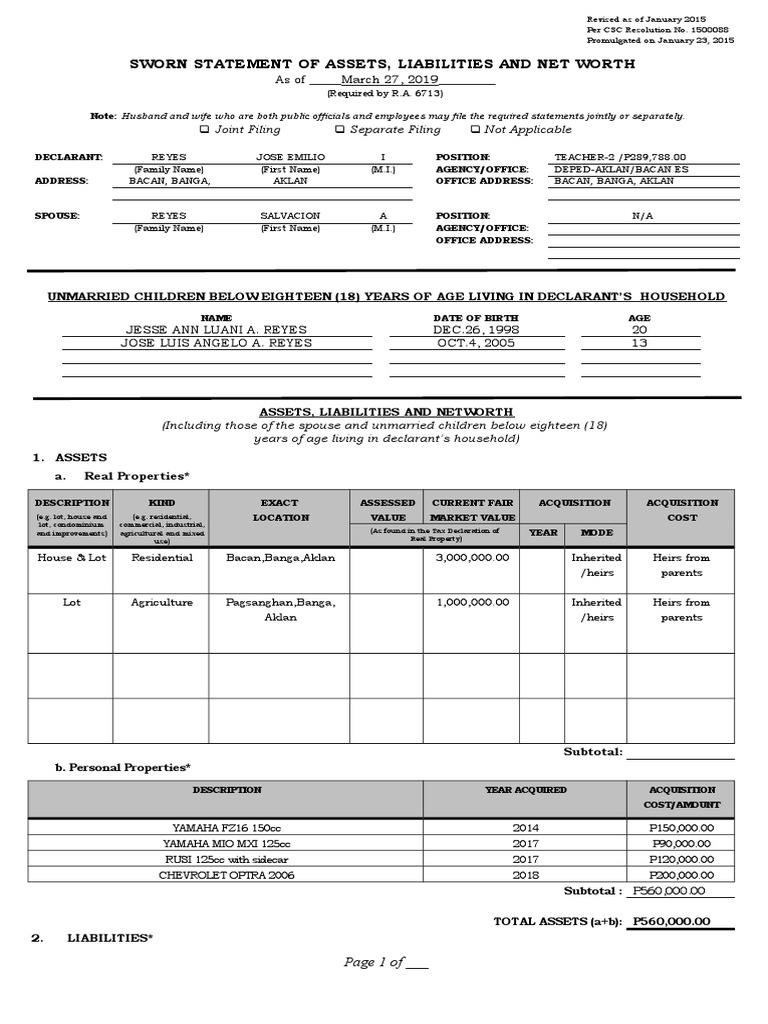 Sworn Statement of Assets and Liabilities | PDF | Identity Document ...