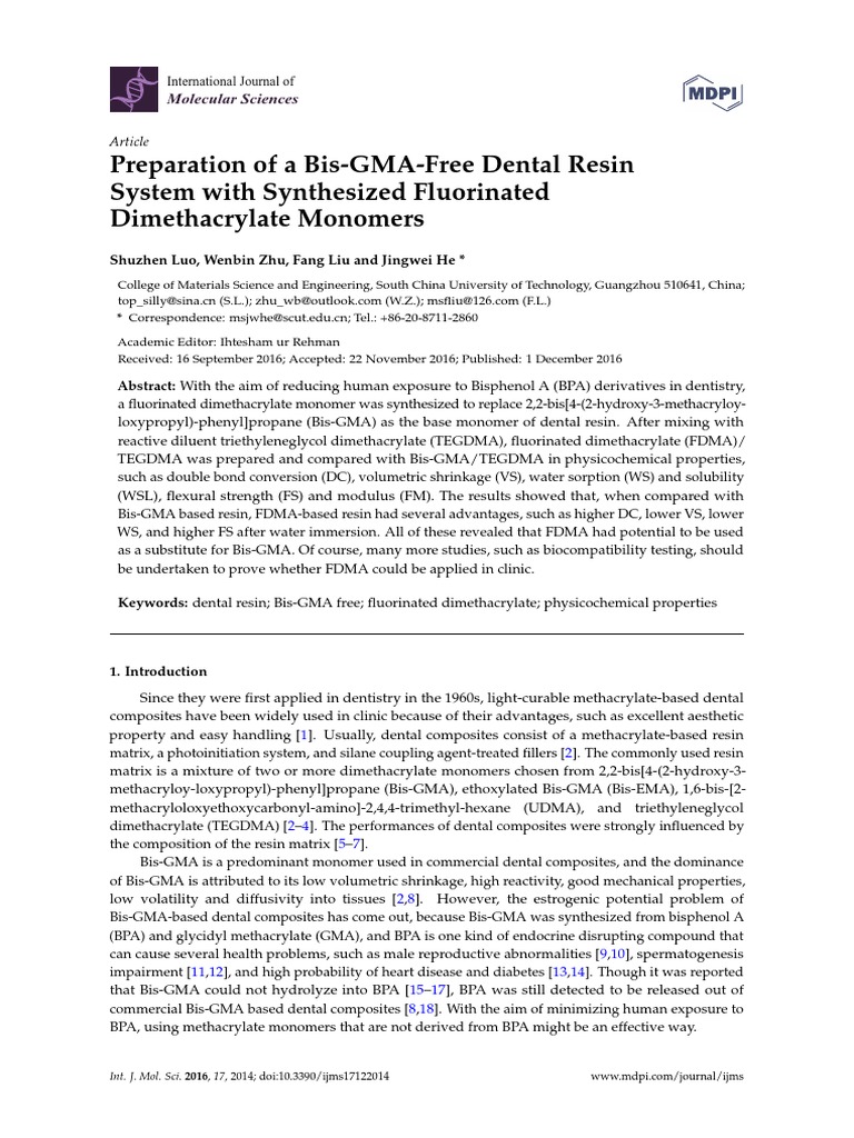 Preparation of A BisGMAFree Dental Resin PDF Polymerization Dental Composite