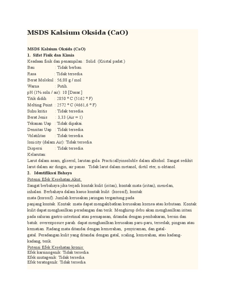 MSDS Kalsium Oksida | PDF | Kesehatan Holistik | Sains & Matematika