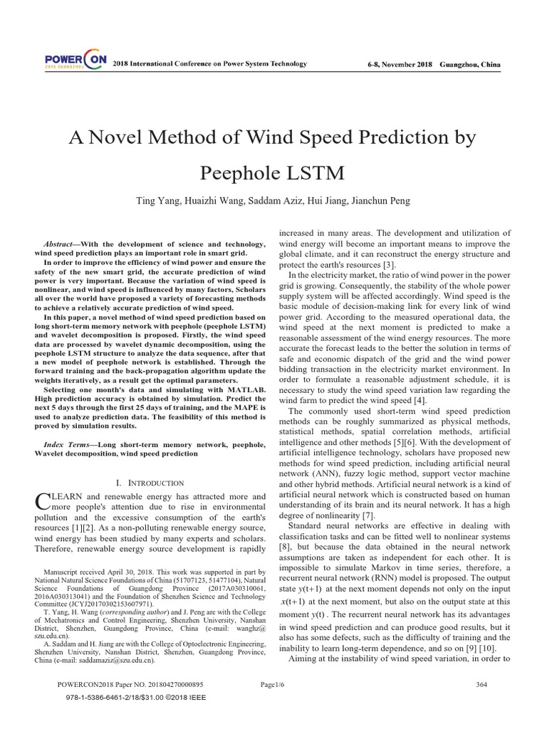 A Novel Method of Wind Speed Prediction by Peephole LSTM | PDF ...