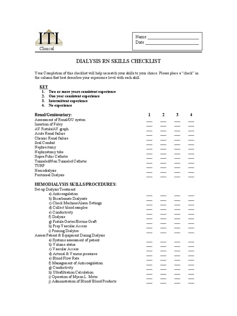 Dialysis RN Skills Checklist PDF Hemodialysis Medical Procedures