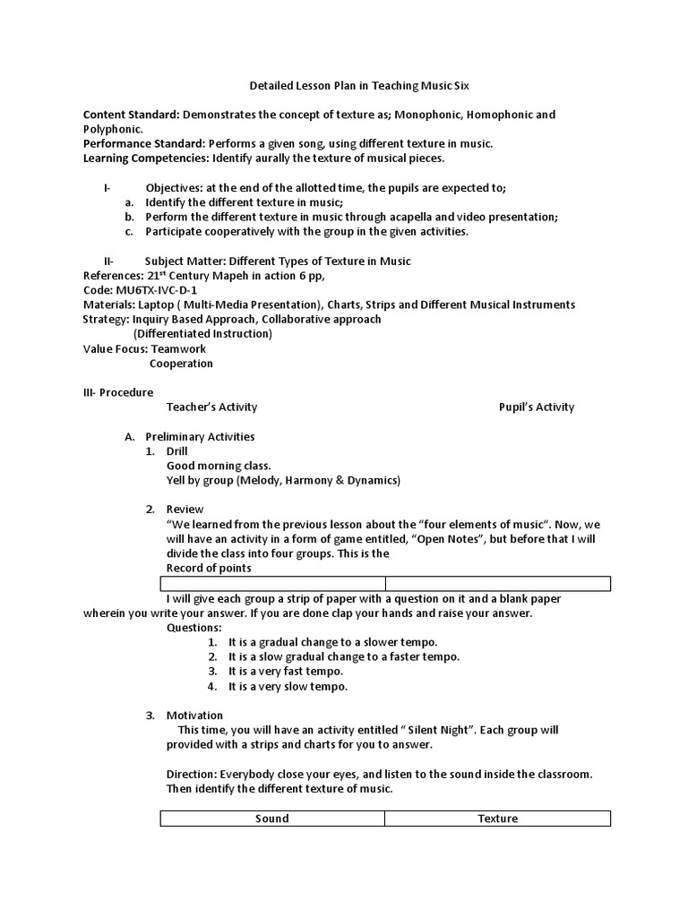 Detailed Lesson Plan In Music I Docx Lesson Plan Elements Of Music