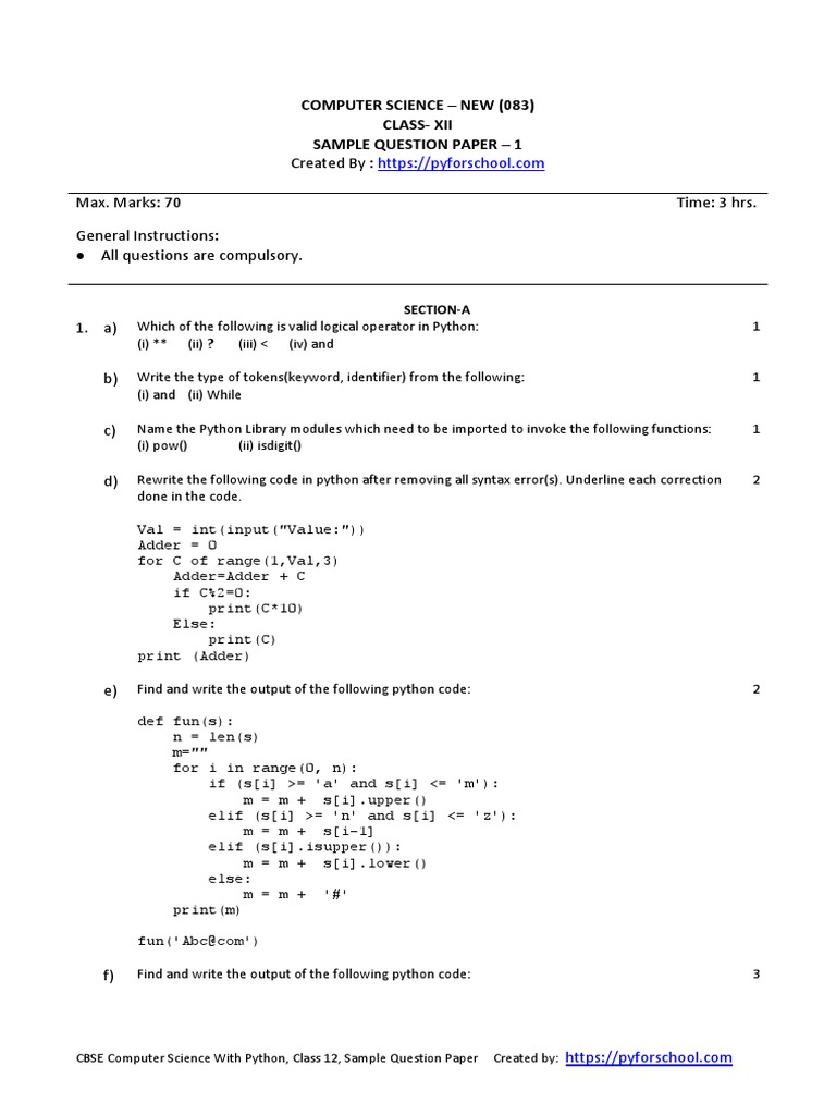 Cbse Xii Python Sample Paper 1 | PDF | Subroutine | C (Programming ...