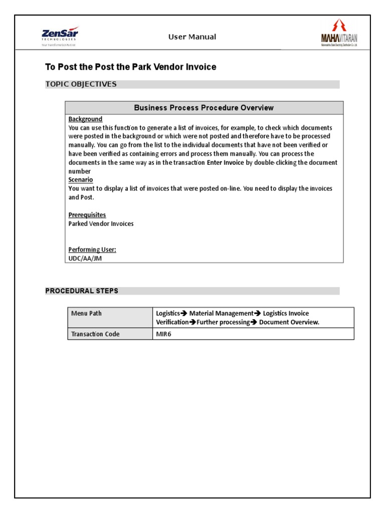 Park Vendor Invoice Posting Guide | PDF | Invoice | Information ...