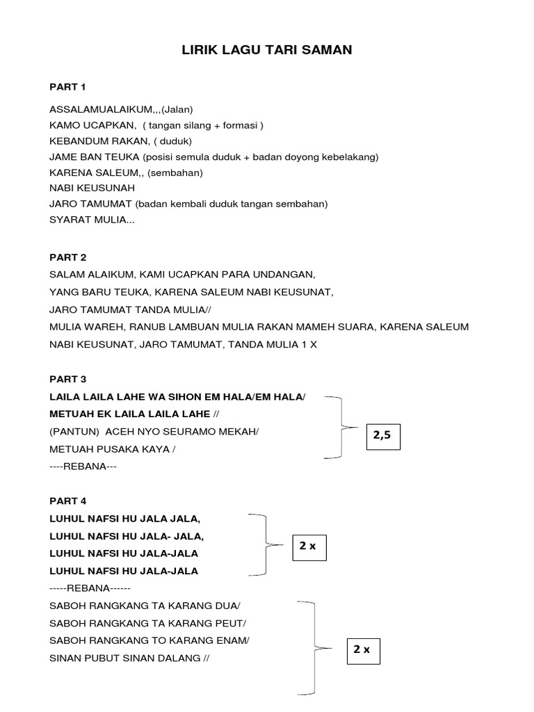 Lirik Lagu Tari Saman Aceh | PDF