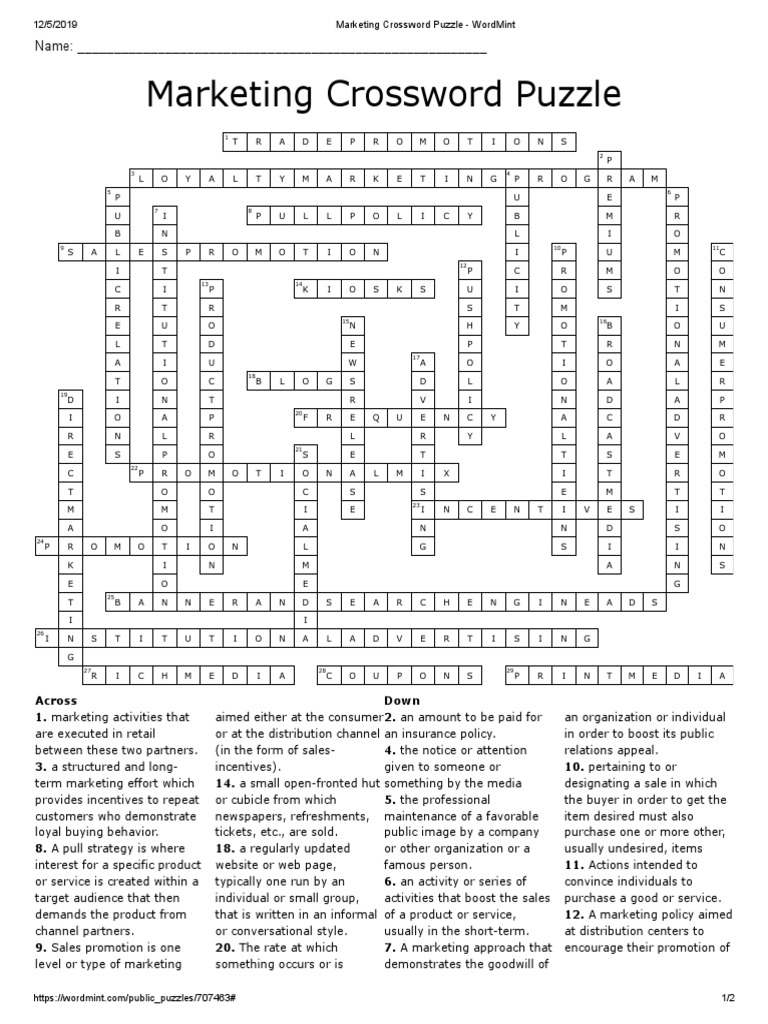 Crossword puzzle answer key - WordMint
