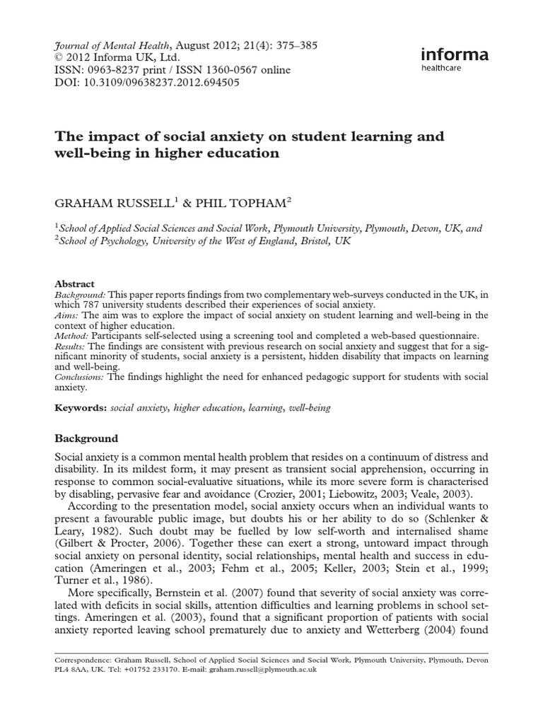 The Impact of Social Anxiety On Student Learning and | PDF | Social ...
