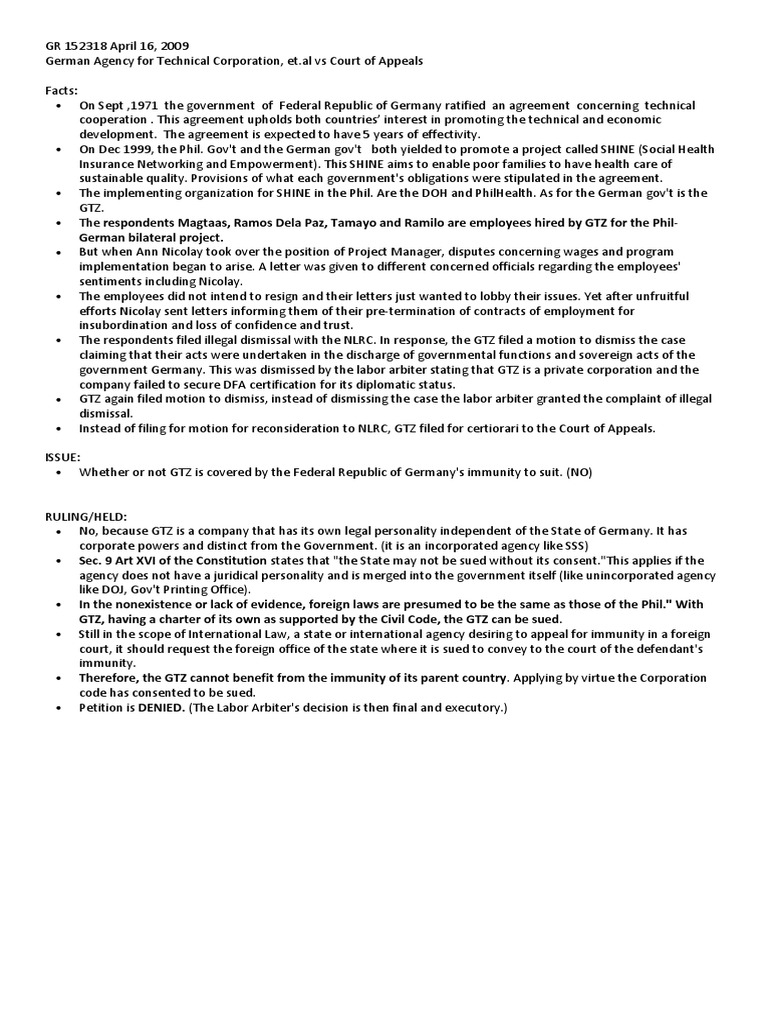 GR 152318 German Agency Vs Court of Appeals (Tibig) PDF Sovereign Immunity Lawsuit