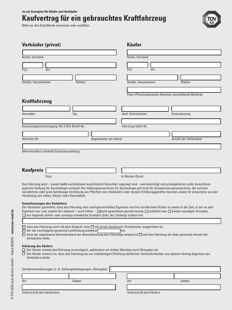 Kaufvertrag Gebrauchtes KFZ Formular | PDF