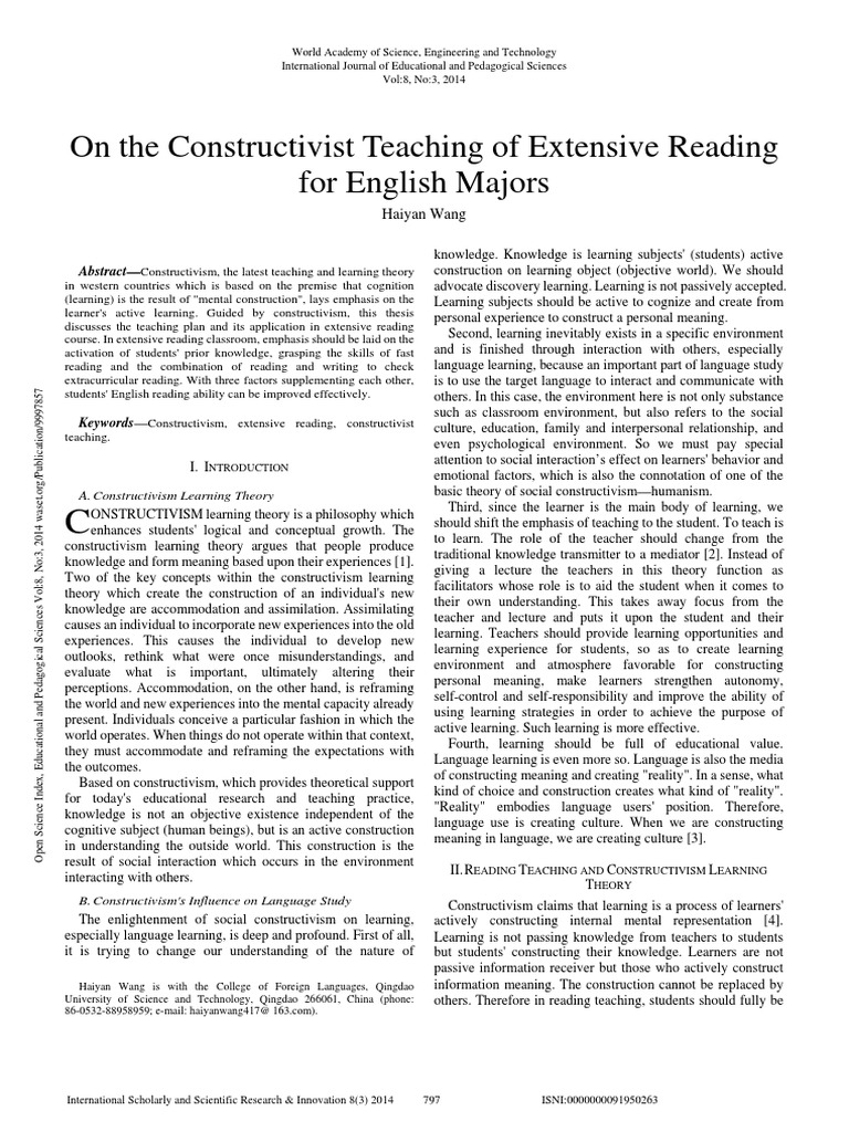 On The Constructivist Teaching of Extensive Reading For English Majors ...