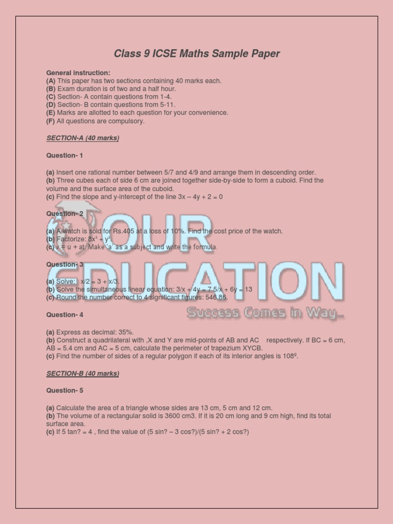Class 9 ICSE Maths Sample PDF Area Triangle