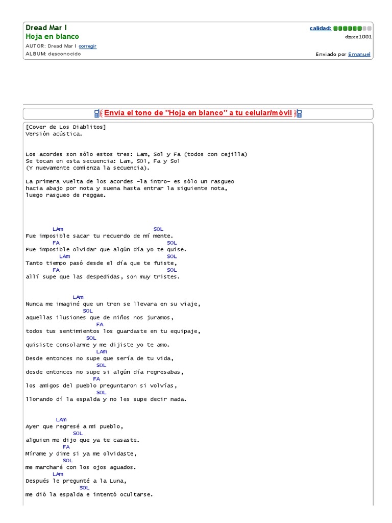 Una hoja en blanco" Una versión acústica de la canción "Los Diablitos