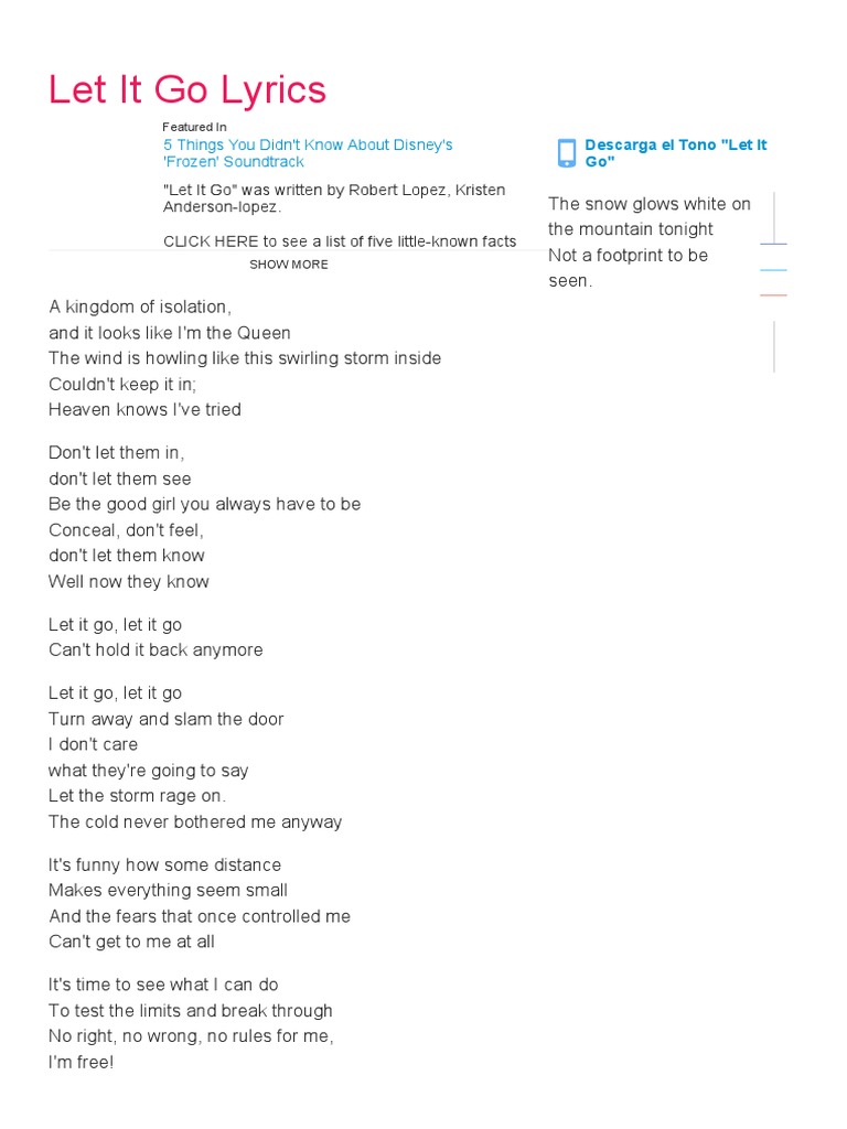 Idina Menzel Let It Go Lyrics Metrolyrics