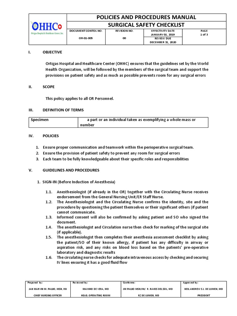 Surgical Safety Checklist Policy | PDF | Surgery | Patient Safety