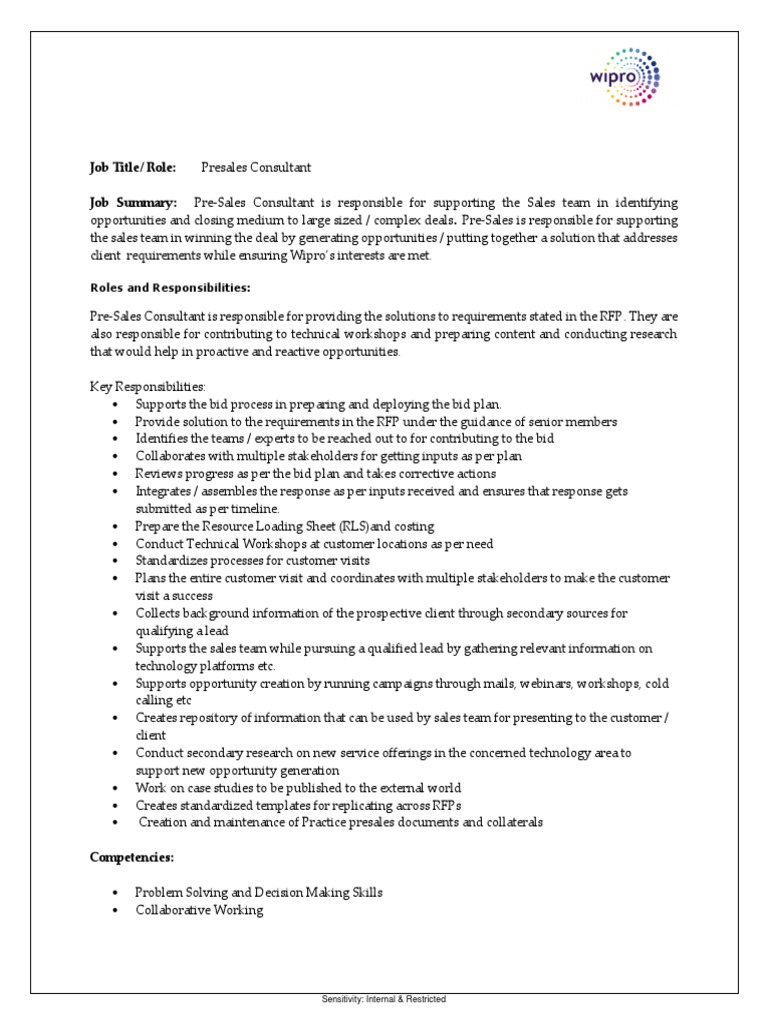 Presales Consultant Request For Proposal Consultant