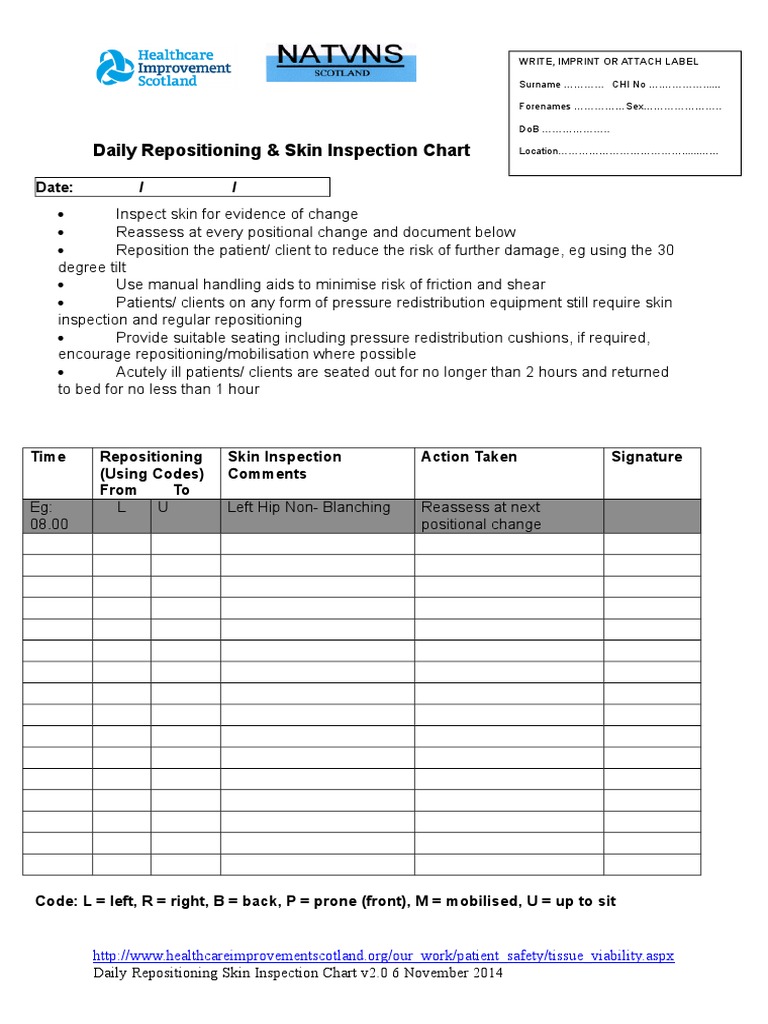 Daily Repositioning & Skin Inspection Chart | PDF
