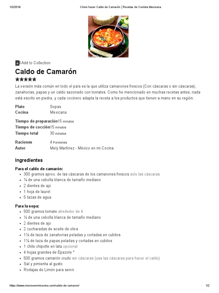 Cómo Hacer Caldo de Camarón Recetas de Comida Mexicana | PDF | Cocina  mexicana | Caldo