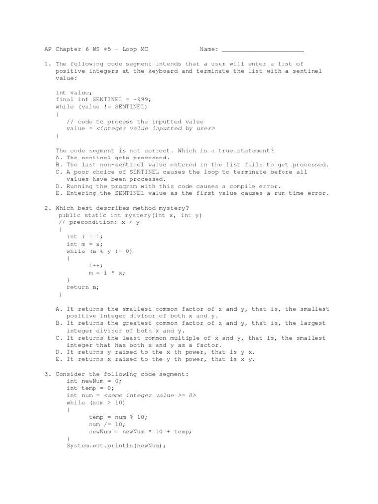 AP Java Chapter 6 WS 5 Loops MC | PDF | Integer (Computer Science ...