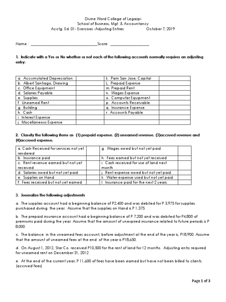 Exercises Adjusting Entries Pdf Debits And Credits Expense
