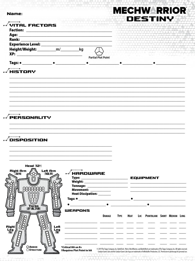 BattleTech MechWarrior Destiny Character Sheet PDF PDF