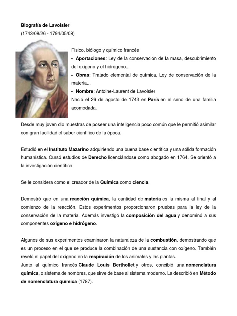 Biografía de Lavoisier, Dalton, Proust | PDF | Gases | Química