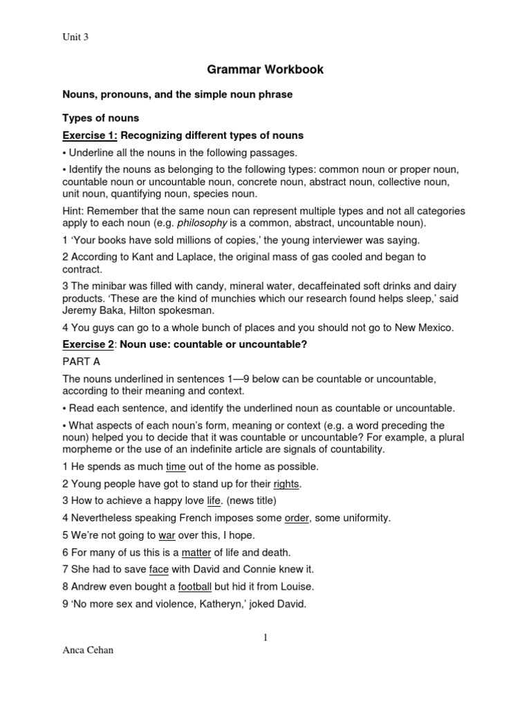 Worksheet Types Of Nouns Exercises workbook 3