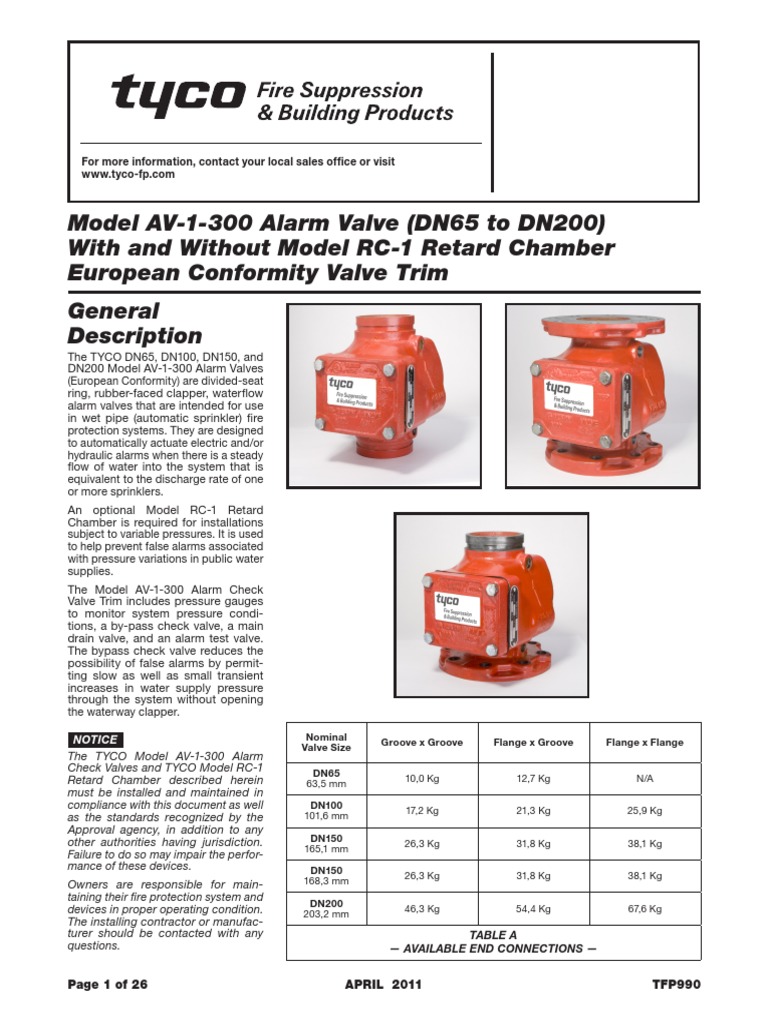 Tyco Alarm Check Valve AV-1 300 PDF | PDF | Fire Sprinkler System | Valve