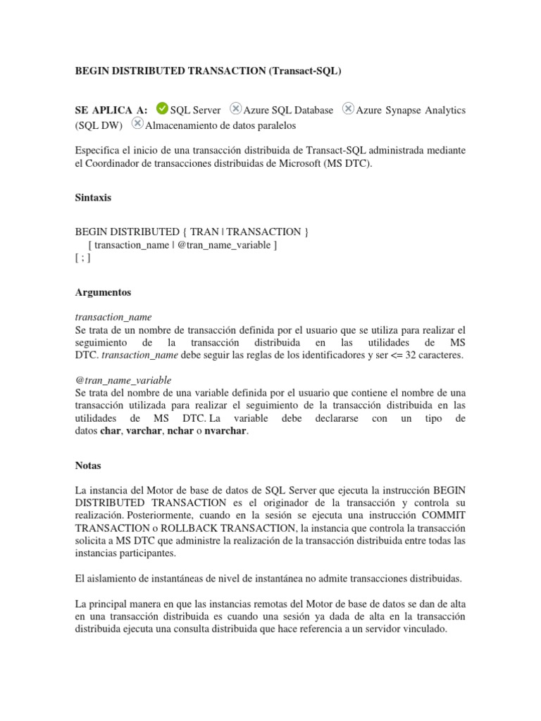 BEGIN DISTRIBUTED TRANSACTION Unid 5 | PDF | Servidor SQL de Microsoft ...