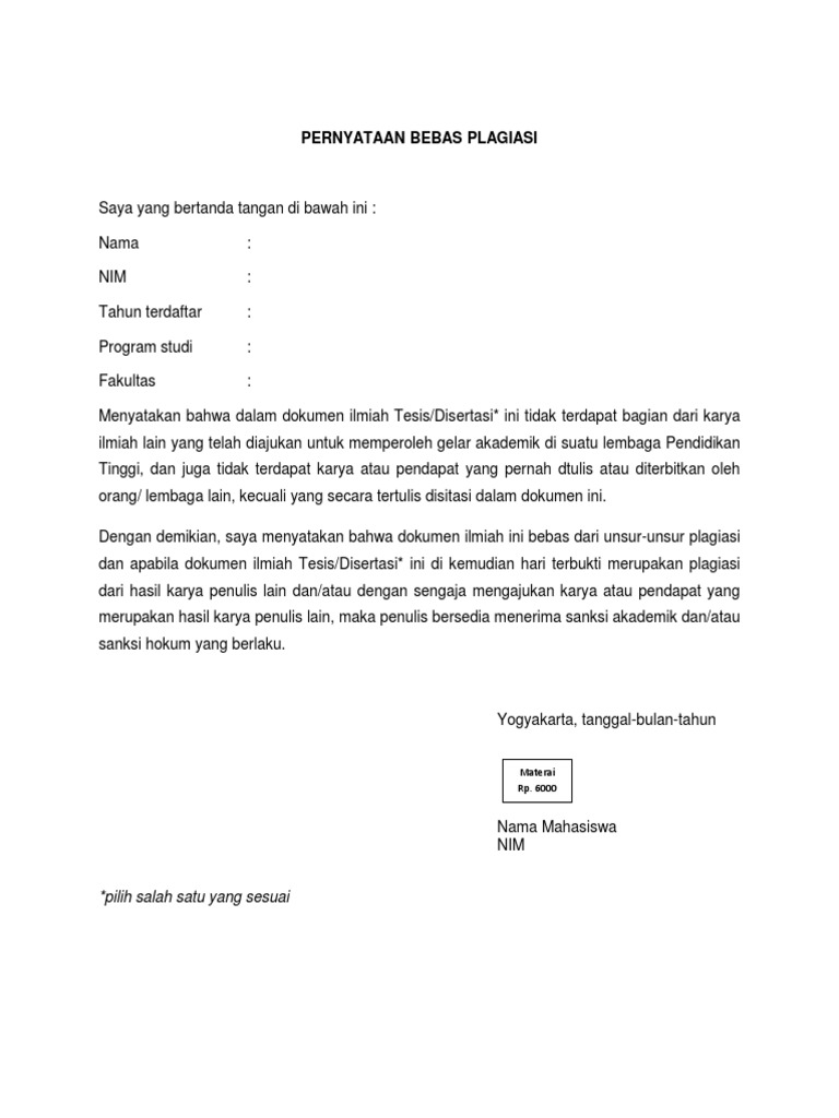 Surat Pernyataan Bebas Plagiasi | PDF