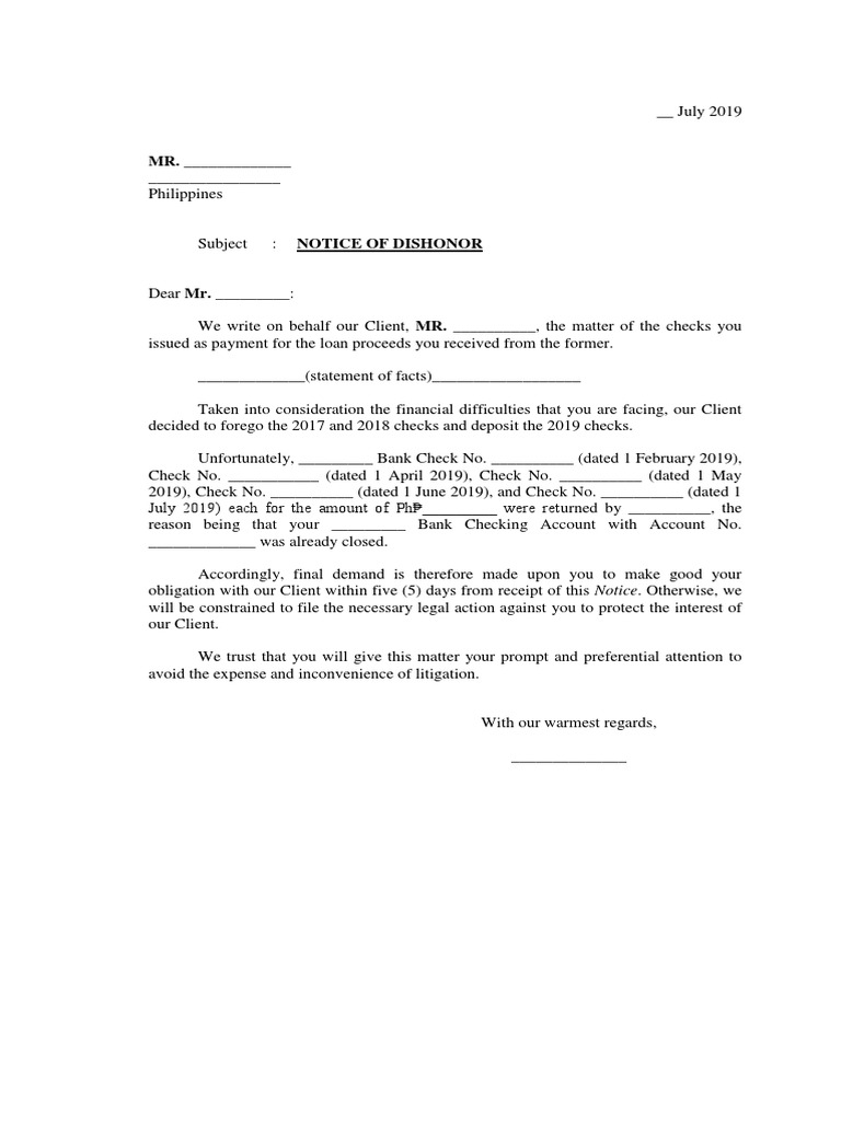 Notice of Dishonor for Returned Checks | PDF