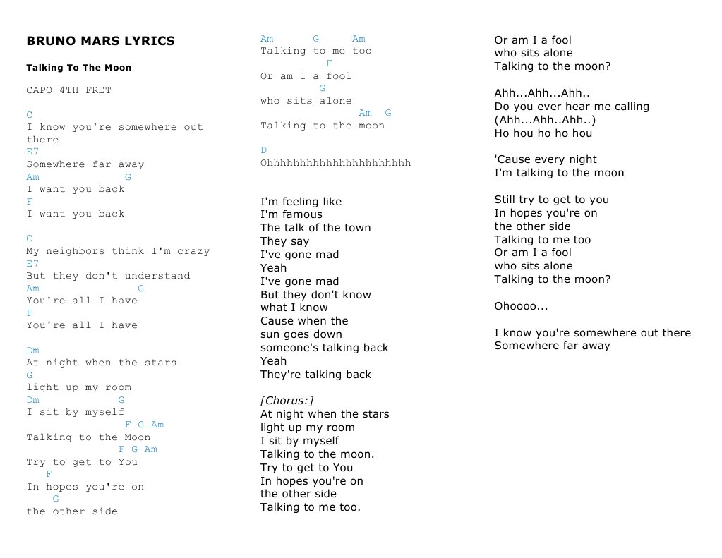 Bruno Mars Lyrics Am G Am F G Am G