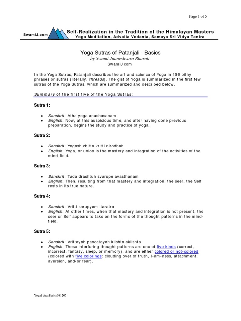 Yoga Sutras Basics 081205 | PDF | Yoga Sutras Of Patanjali | Yoga