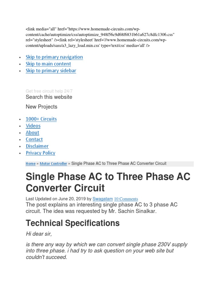 Single Phase AC To Three Phase AC Converter Circuit - Homemade Circuit ...