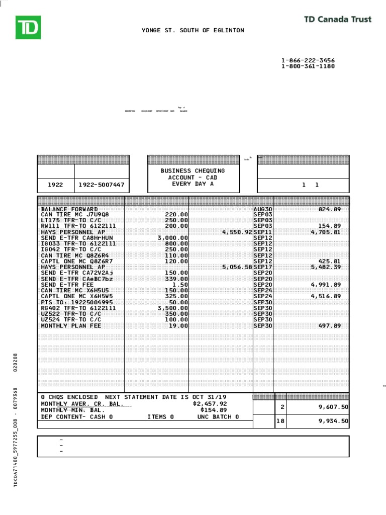 TD Business Chequing Account Statement | PDF