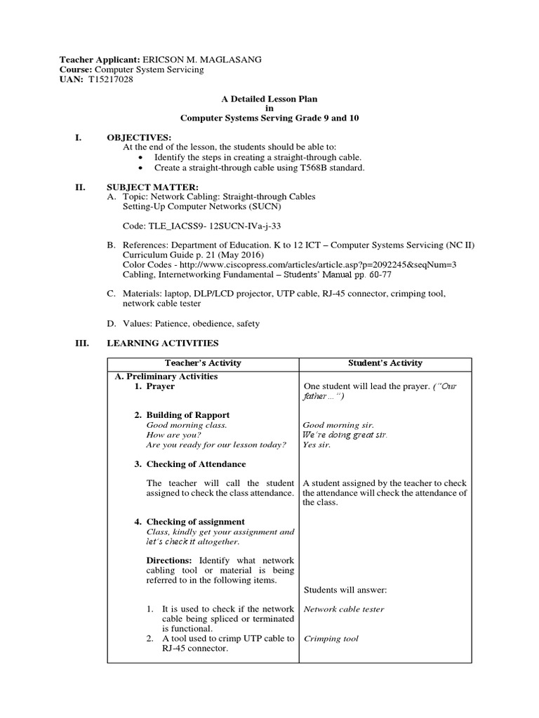 Straight-Through Cable Lesson Plan | PDF | Electrical Connector | Local ...