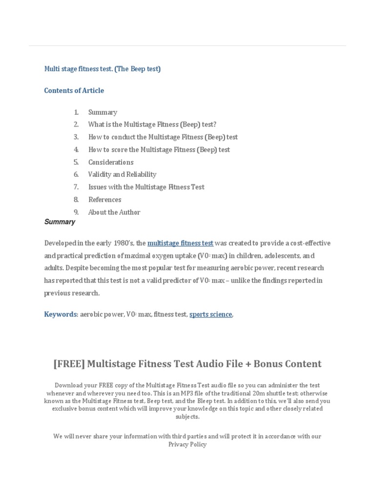 Multi Stage Fitness Test The Beep Test Pdf Validity Statistics