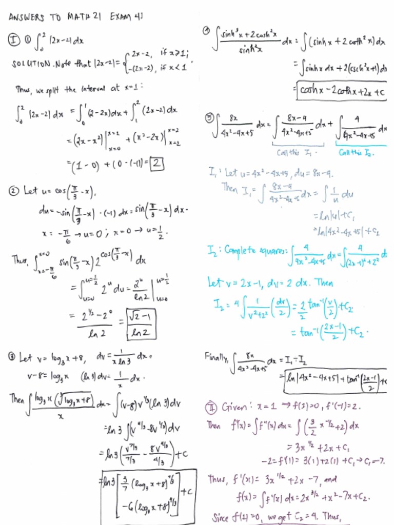 Math 21 Exam 4 Answer Key 7 10AM | PDF